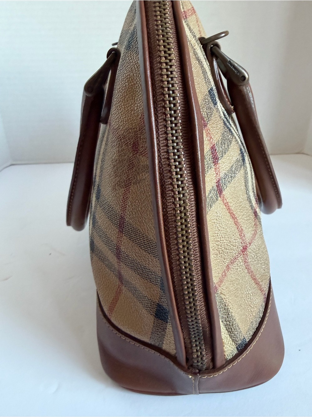 Burberry Beige Plaid Dome Satchel with Brown Leather Trim - Picture 3 of 13